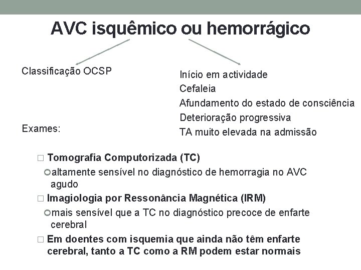 AVC isquêmico ou hemorrágico Classificação OCSP Exames: Início em actividade Cefaleia Afundamento do estado