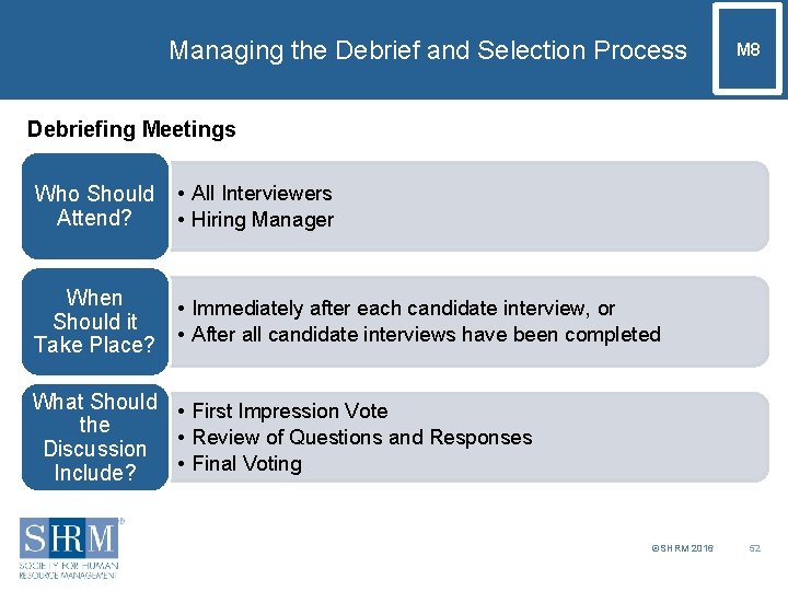 Managing the Debrief and Selection Process M 8 Debriefing Meetings Who Should Attend? •