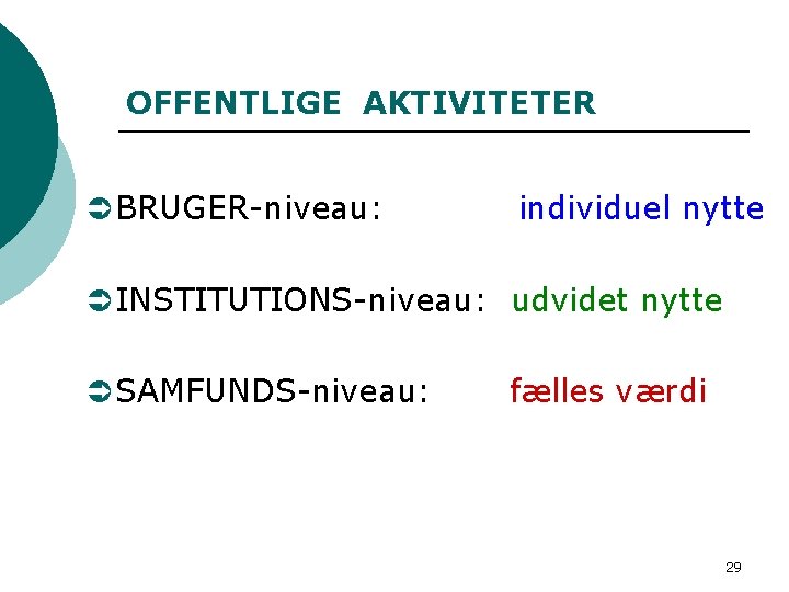 OFFENTLIGE AKTIVITETER Ü BRUGER-niveau: individuel nytte Ü INSTITUTIONS-niveau: udvidet nytte Ü SAMFUNDS-niveau: fælles værdi