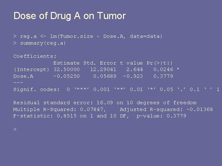 Dose of Drug A on Tumor > reg. a <- lm(Tumor. size ~ Dose.