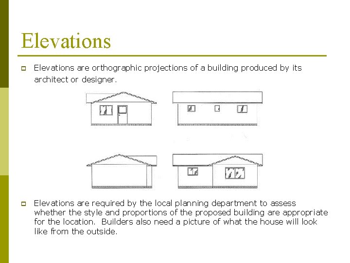 Elevations p Elevations are orthographic projections of a building produced by its architect or
