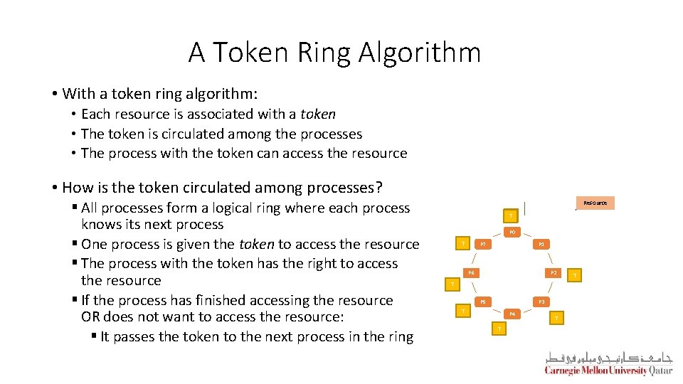 A Token Ring Algorithm • With a token ring algorithm: • Each resource is
