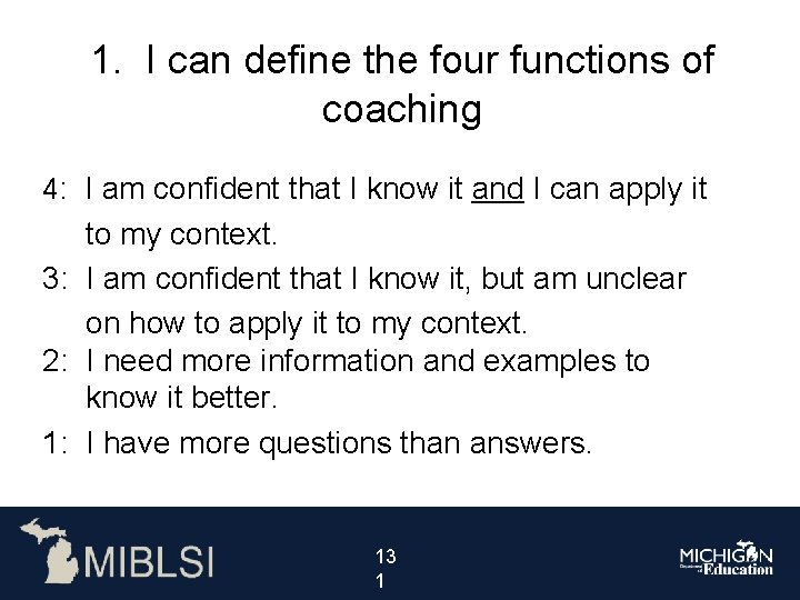 1. I can define the four functions of coaching 4: I am confident that