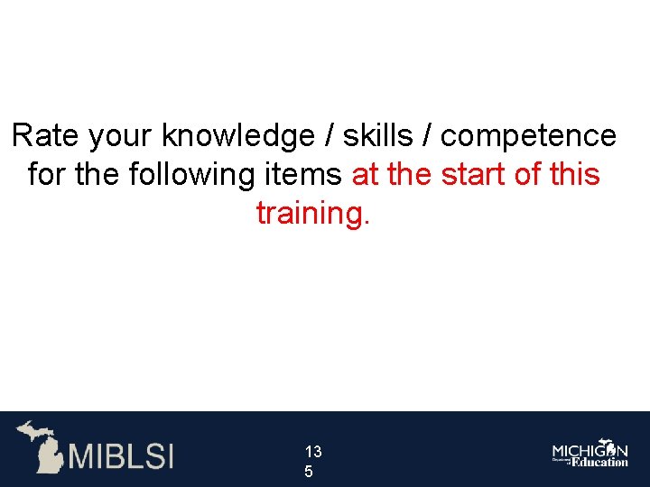 Rate your knowledge / skills / competence for the following items at the start