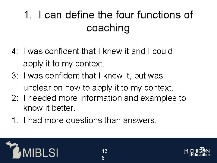 1. I can define the four functions of coaching 4: I was confident that