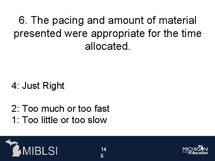 6. The pacing and amount of material presented were appropriate for the time allocated.