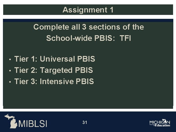 Assignment 1 Complete all 3 sections of the School-wide PBIS: TFI Tier 1: Universal