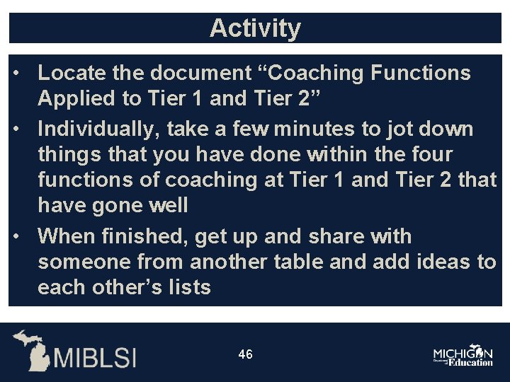 Activity • Locate the document “Coaching Functions Applied to Tier 1 and Tier 2”