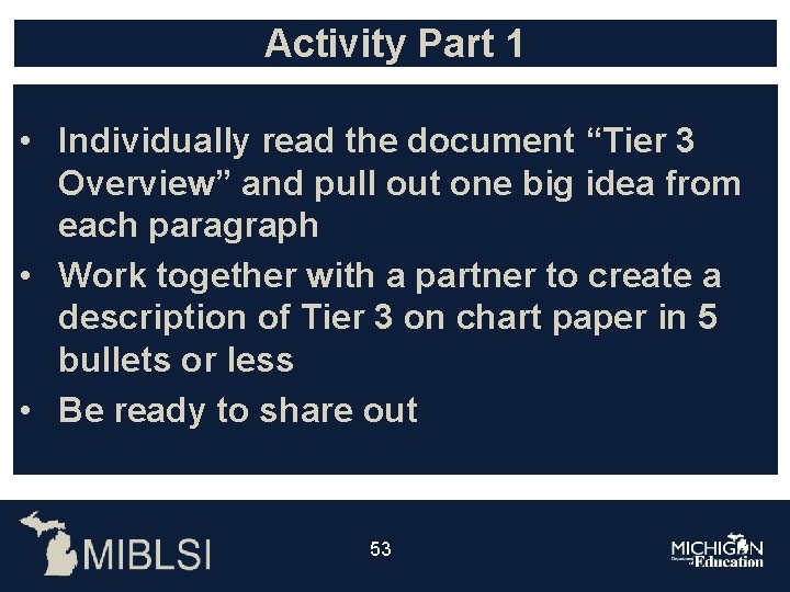 Activity Part 1 • Individually read the document “Tier 3 Overview” and pull out