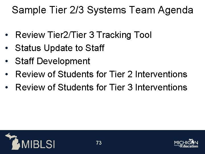 Sample Tier 2/3 Systems Team Agenda • • • Review Tier 2/Tier 3 Tracking