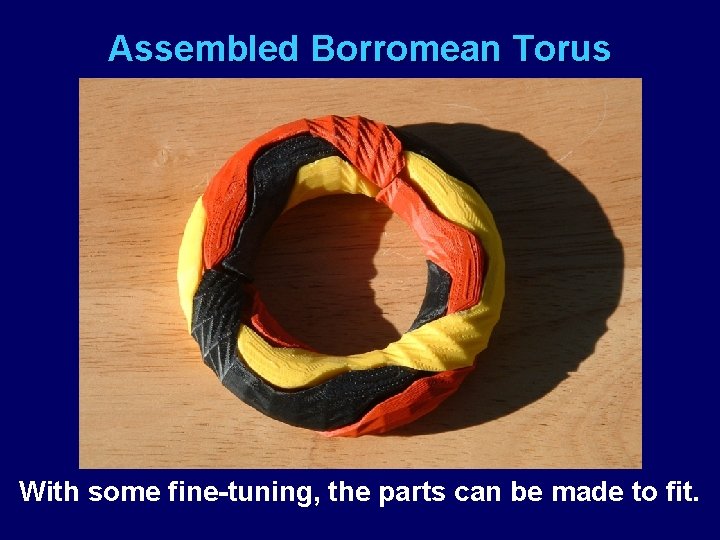 Assembled Borromean Torus With some fine-tuning, the parts can be made to fit. 