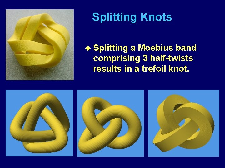 Splitting Knots u Splitting a Moebius band comprising 3 half-twists results in a trefoil