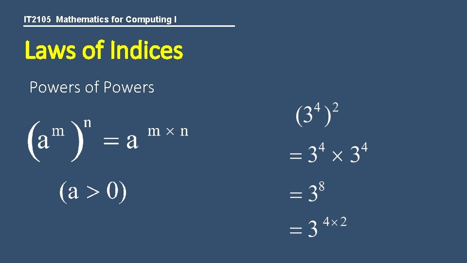 IT 2105 Mathematics for Computing I Laws of Indices Powers of Powers 