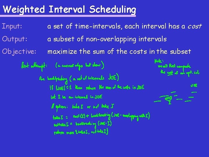 Weighted Interval Scheduling Input: a set of time-intervals, each interval has a cost Output: