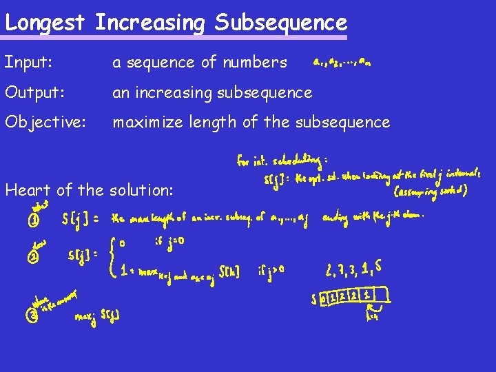 Longest Increasing Subsequence Input: a sequence of numbers Output: an increasing subsequence Objective: maximize