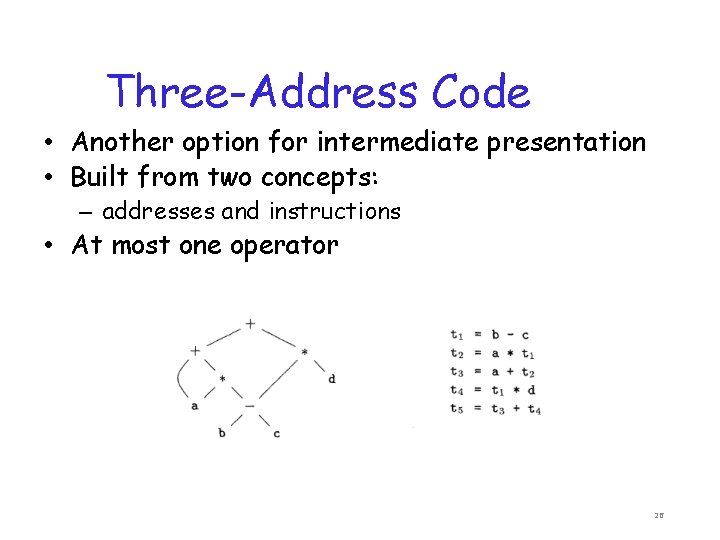 Three-Address Code • Another option for intermediate presentation • Built from two concepts: –