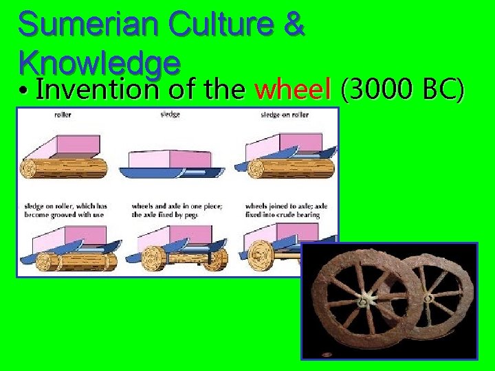 Sumerian Culture & Knowledge • Invention of the wheel (3000 BC) 