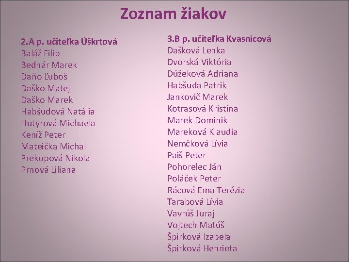 Zoznam žiakov 2. A p. učiteľka Úškrtová Baláž Filip Bednár Marek Daňo Ľuboš Daško