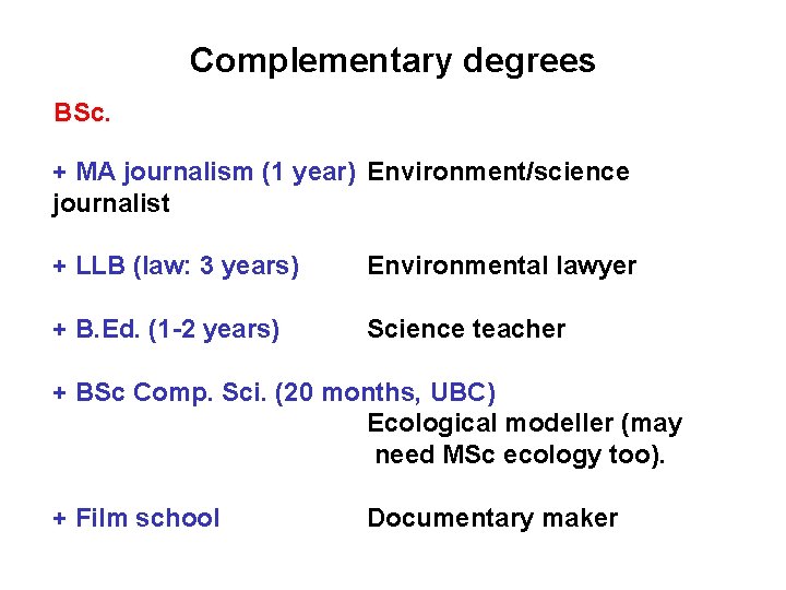 Complementary degrees BSc. + MA journalism (1 year) Environment/science journalist + LLB (law: 3