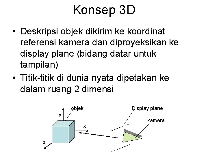 Konsep 3 D • Deskripsi objek dikirim ke koordinat referensi kamera dan diproyeksikan ke