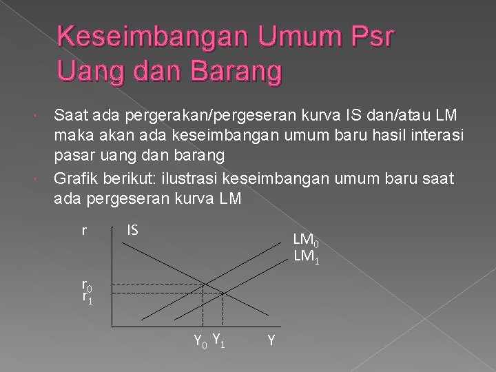 Keseimbangan Umum Psr Uang dan Barang Saat ada pergerakan/pergeseran kurva IS dan/atau LM maka