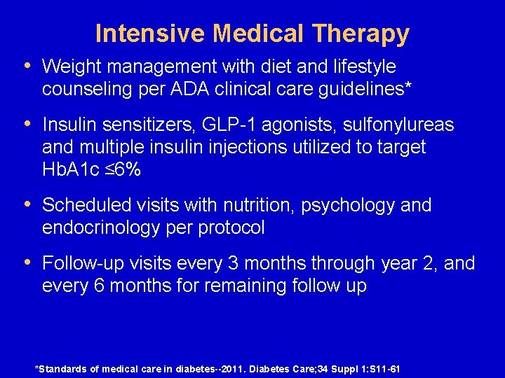 Intensive Medical Therapy • Weight management with diet and lifestyle counseling per ADA clinical