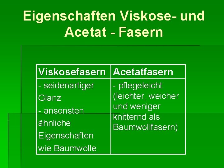 Eigenschaften Viskose- und Acetat - Fasern Viskosefasern Acetatfasern - seidenartiger Glanz - ansonsten ähnliche