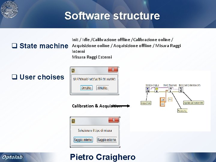 Software structure q State machine Init / Idle /Calibrazione offline /Calibrazione online / Acquisizione