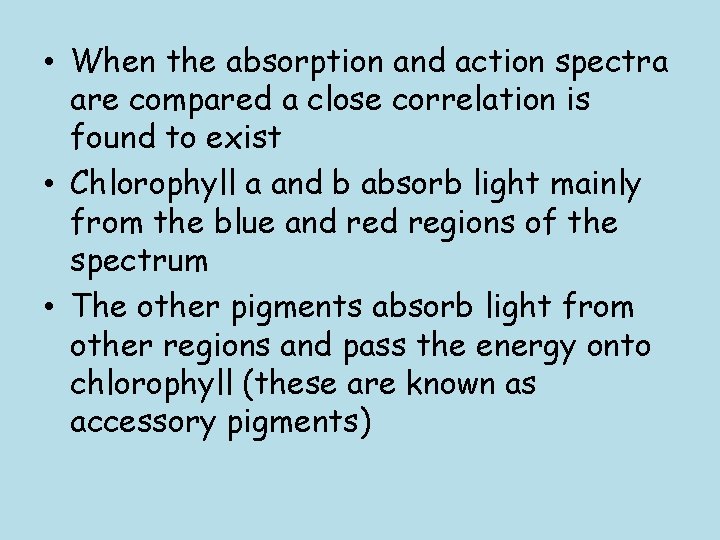  • When the absorption and action spectra are compared a close correlation is