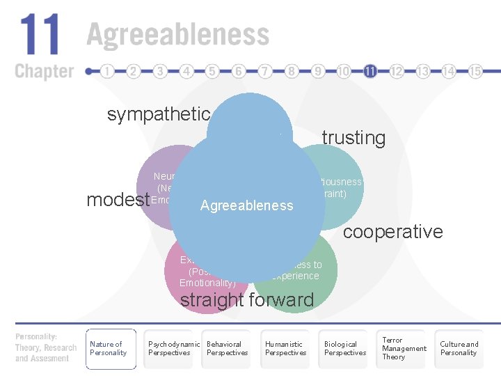 sympathetic Agreeableness modest Neuroticism (Negative Emotionality) trusting Conscientiousness (Constraint) Agreeableness cooperative Extraversion (Positive Emotionality)