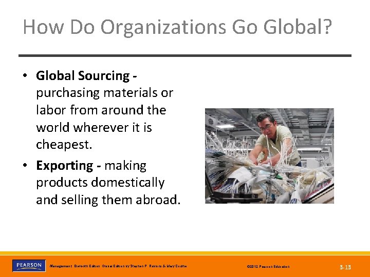 How Do Organizations Go Global? • Global Sourcing purchasing materials or labor from around
