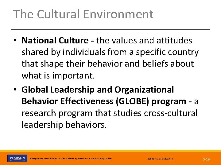 The Cultural Environment • National Culture - the values and attitudes shared by individuals