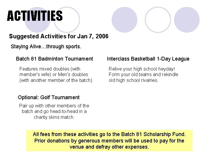 ACTIVITIES Suggested Activities for Jan 7, 2006 Staying Alive…through sports. Batch 81 Badminton Tournament