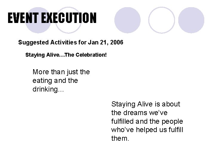 EVENT EXECUTION Suggested Activities for Jan 21, 2006 Staying Alive…The Celebration! More than just