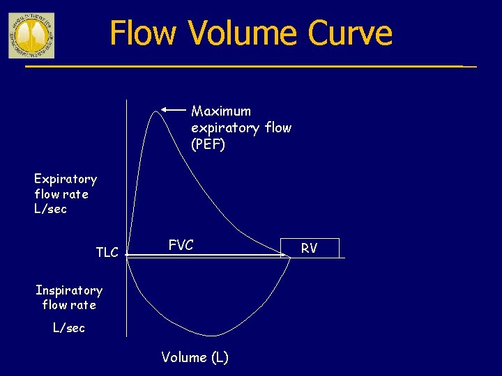 Flow Volume Curve Maximum expiratory flow (PEF) Expiratory flow rate L/sec TLC FVC Inspiratory