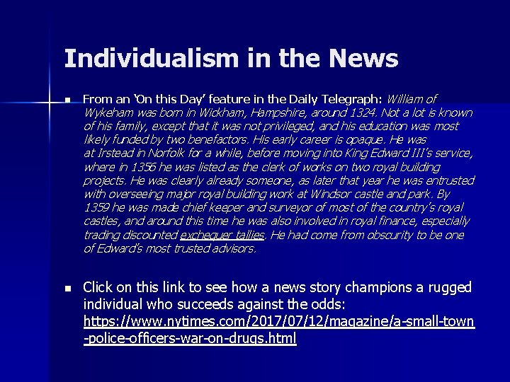 Individualism in the News n n From an ‘On this Day’ feature in the