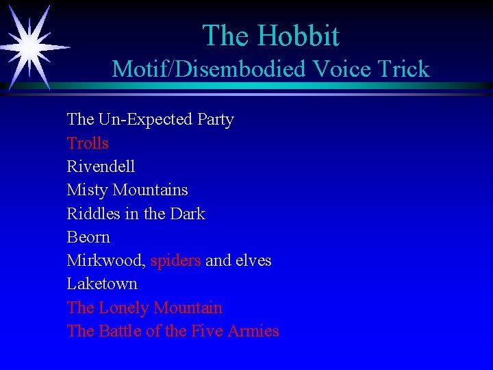 The Hobbit Motif/Disembodied Voice Trick The Un-Expected Party Trolls Rivendell Misty Mountains Riddles in