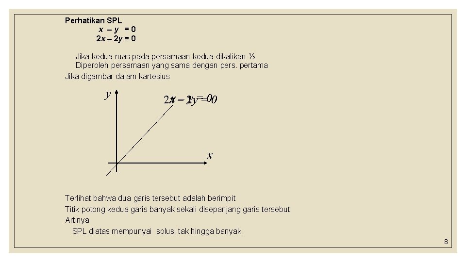 Perhatikan SPL x –y =0 2 x – 2 y = 0 Jika kedua