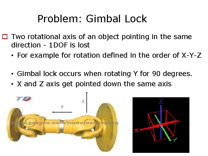 Problem: Gimbal Lock Two rotational axis of an object pointing in the same direction