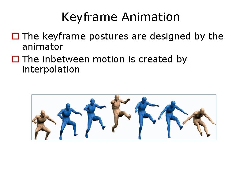 Keyframe Animation The keyframe postures are designed by the animator The inbetween motion is