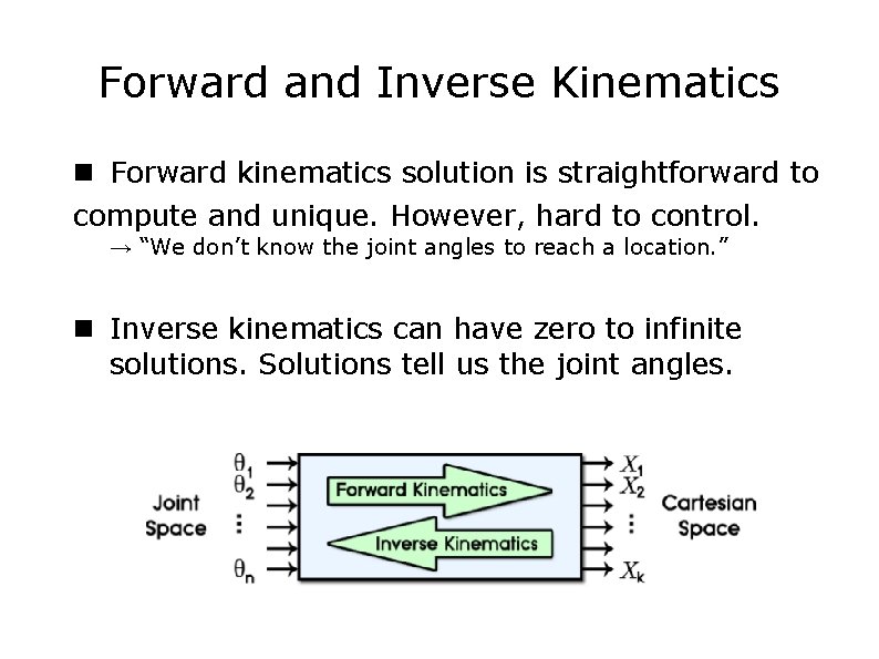 Forward and Inverse Kinematics Forward kinematics solution is straightforward to compute and unique. However, Forward and Inverse Kinematics Forward kinematics solution is straightforward to compute and unique. However,