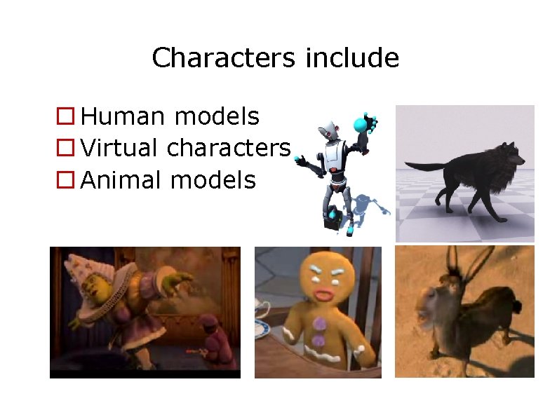 Characters include Human models Virtual characters Animal models  Characters include Human models Virtual characters Animal models