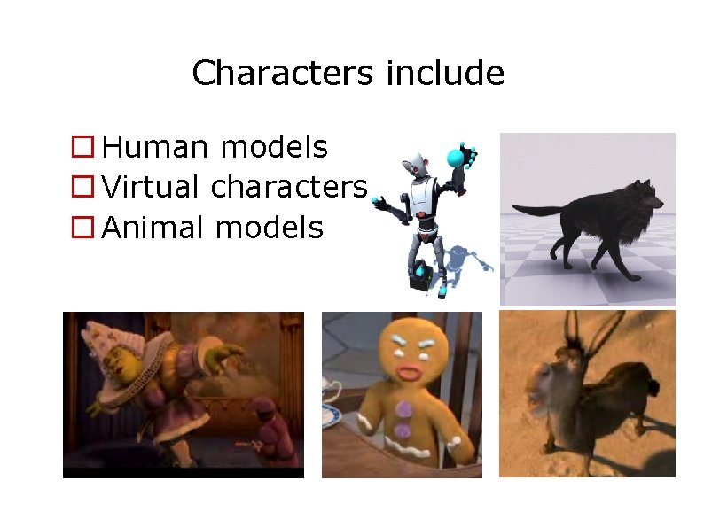 Characters include Human models Virtual characters Animal models 