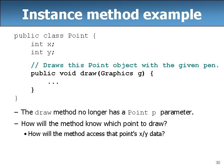 Instance method example public class Point { int x; int y; // Draws this