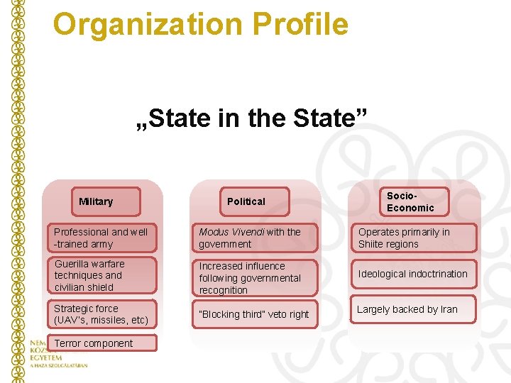 Organization Profile „State in the State” Military Political Socio. Economic Professional and well -trained