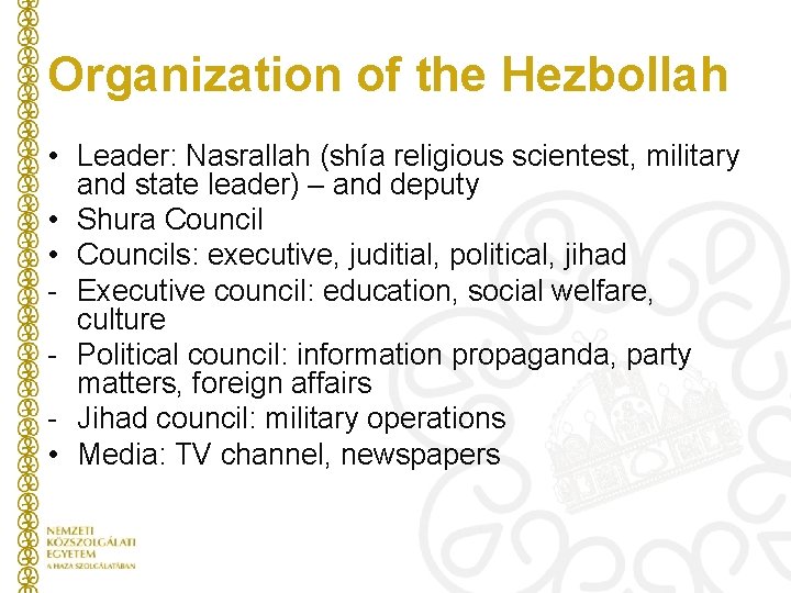 Organization of the Hezbollah • Leader: Nasrallah (shía religious scientest, military and state leader)