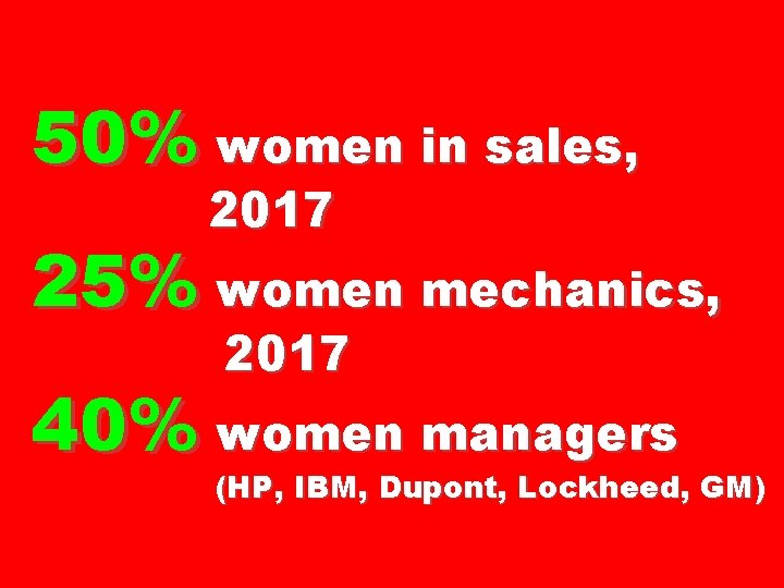 50% women in sales, 2017 25% women mechanics, 2017 40% women managers (HP, IBM,