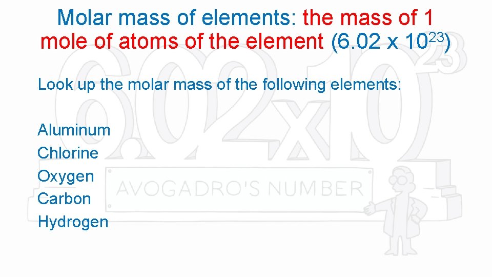 Molar mass of elements: the mass of 1 mole of atoms of the element