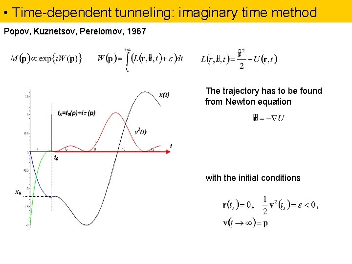  • Time-dependent tunneling: imaginary time method Popov, Kuznetsov, Perelomov, 1967 The trajectory has