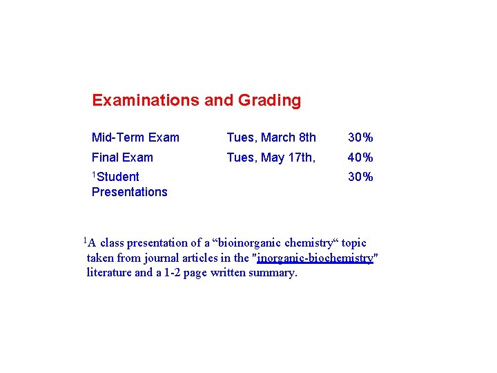  Examinations and Grading Mid-Term Exam Tues, March 8 th 30% Final Exam Tues,